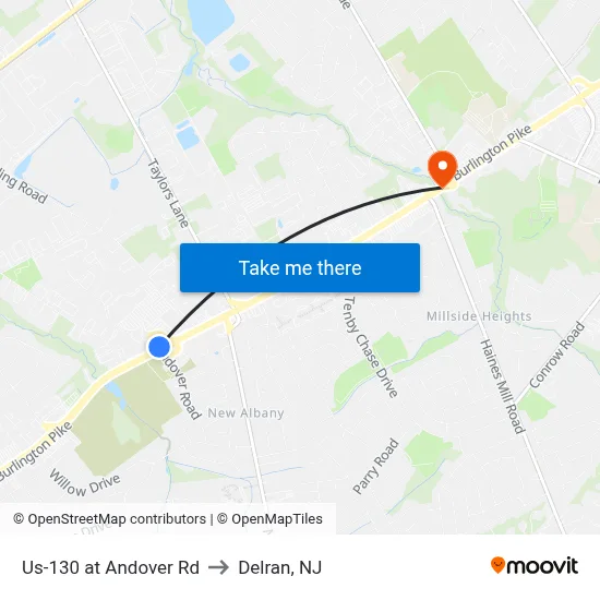 Us-130 at Andover Rd to Delran, NJ map