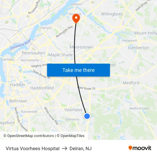 Virtua Voorhees Hospital to Delran, NJ map