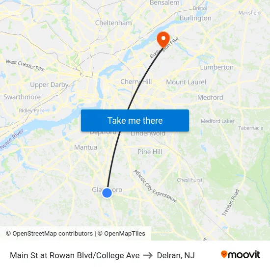 Main St at Rowan Blvd/College Ave to Delran, NJ map