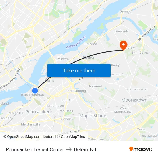 Pennsauken Transit Center to Delran, NJ map