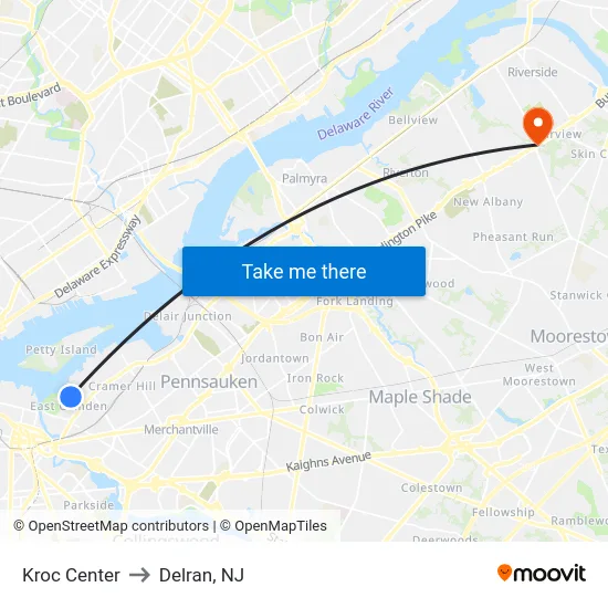 Kroc Center to Delran, NJ map