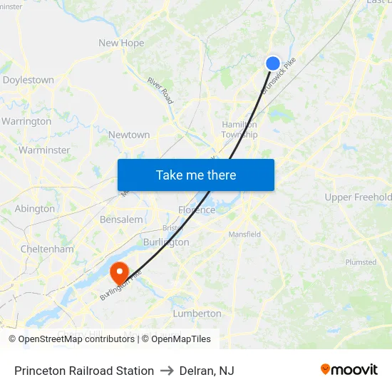Princeton Railroad Station to Delran, NJ map