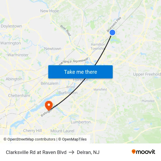 Clarksville Rd at Raven Blvd to Delran, NJ map