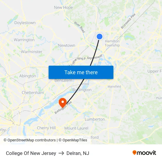 College Of New Jersey to Delran, NJ map