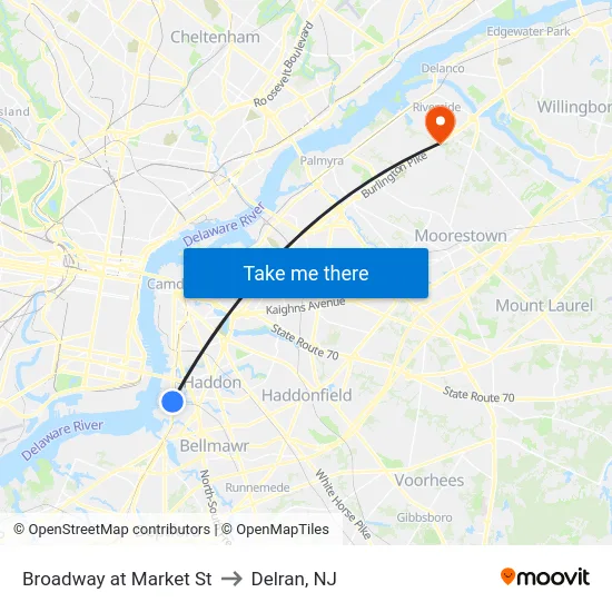 Broadway at Market St to Delran, NJ map