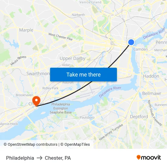 Philadelphia to Chester, PA map