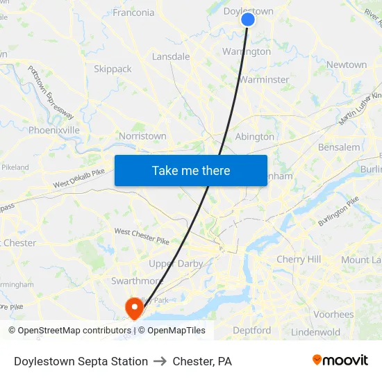 Doylestown Septa Station to Chester, PA map