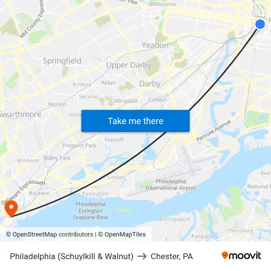 Philadelphia (Schuylkill & Walnut) to Chester, PA map