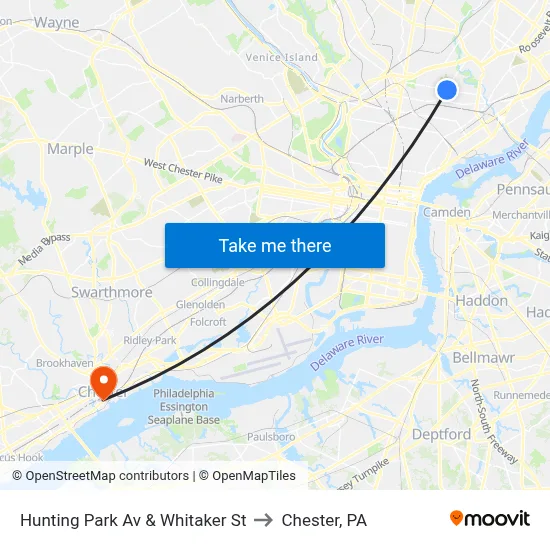 Hunting Park Av & Whitaker St to Chester, PA map