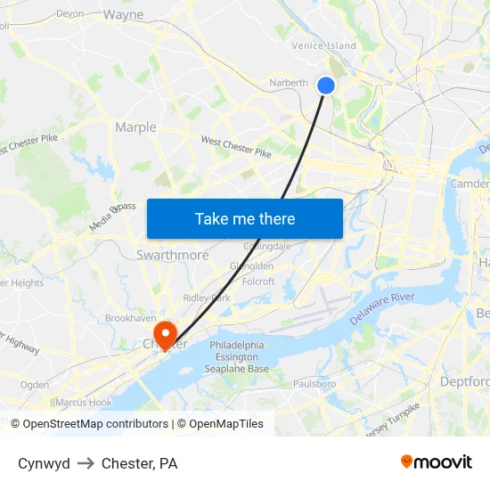 Cynwyd to Chester, PA map