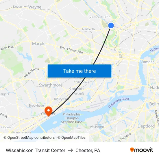 Wissahickon Transit Center to Chester, PA map