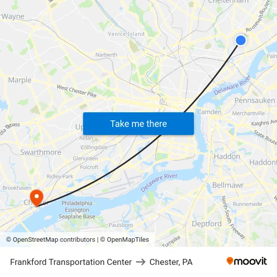 Frankford Transportation Center to Chester, PA map