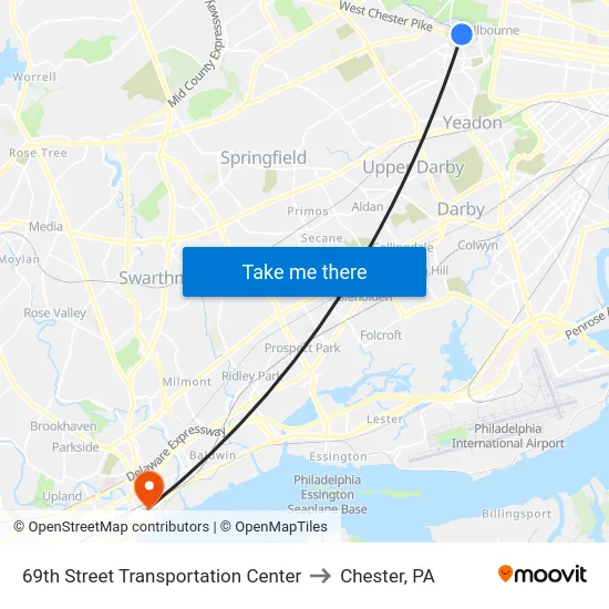 69th Street Transportation Center to Chester, PA map