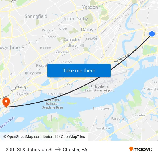 20th St & Johnston St to Chester, PA map