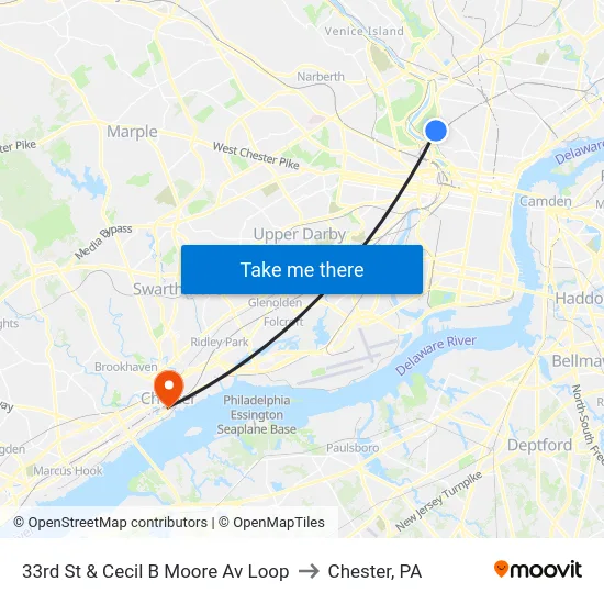 33rd St & Cecil B Moore Av Loop to Chester, PA map