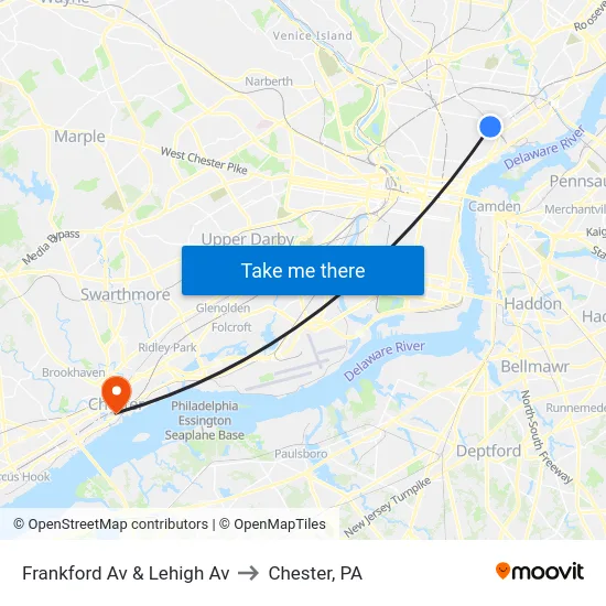 Frankford Av & Lehigh Av to Chester, PA map