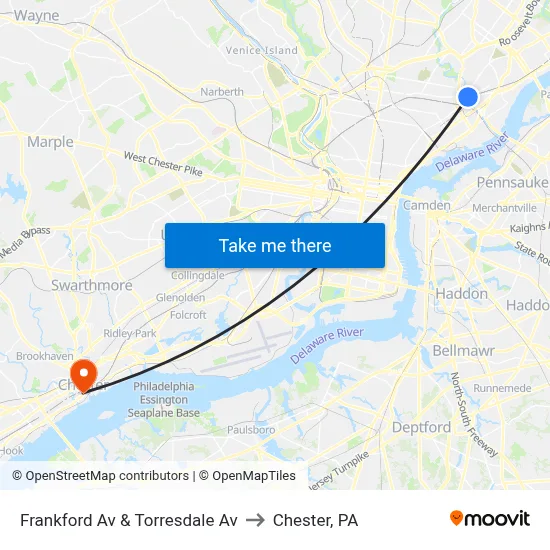 Frankford Av & Torresdale Av to Chester, PA map
