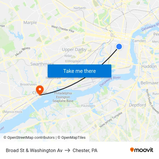 Broad St & Washington Av to Chester, PA map