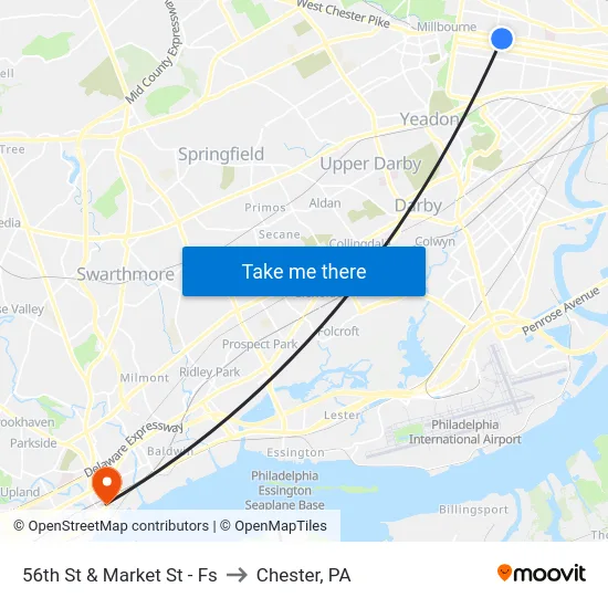 56th St & Market St - Fs to Chester, PA map
