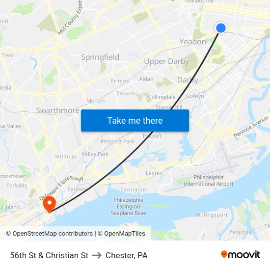 56th St & Christian St to Chester, PA map