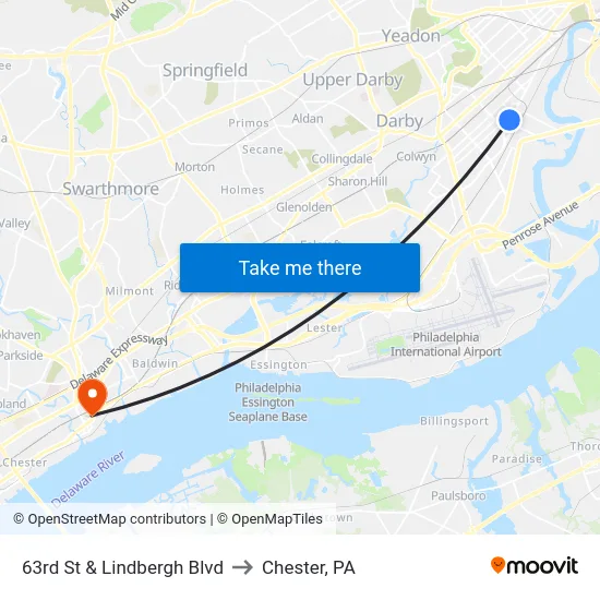 63rd St & Lindbergh Blvd to Chester, PA map