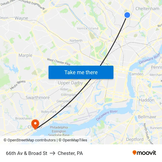66th Av & Broad St to Chester, PA map