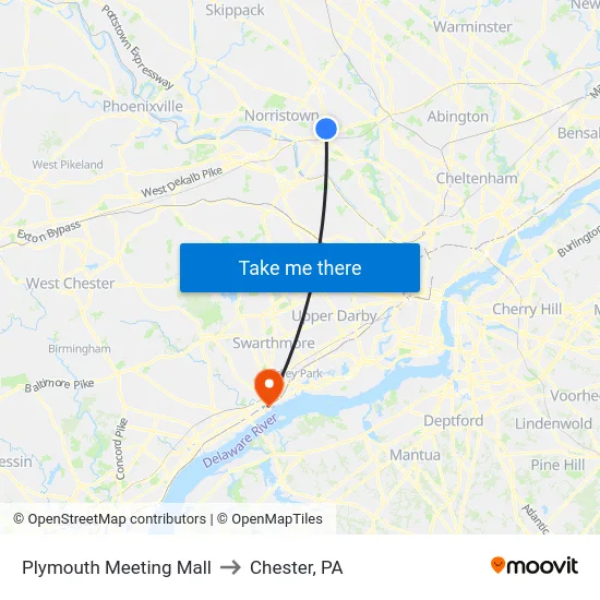 Plymouth Meeting Mall to Chester, PA map