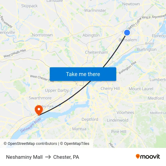 Neshaminy Mall to Chester, PA map
