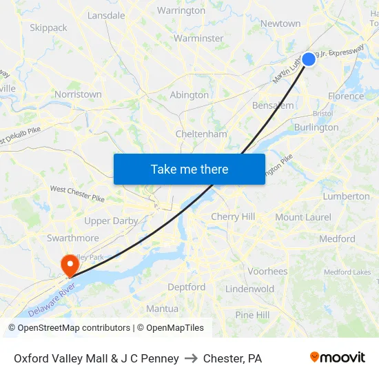 Oxford Valley Mall & J C Penney to Chester, PA map