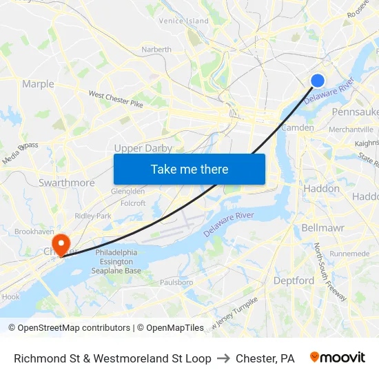 Richmond St & Westmoreland St Loop to Chester, PA map