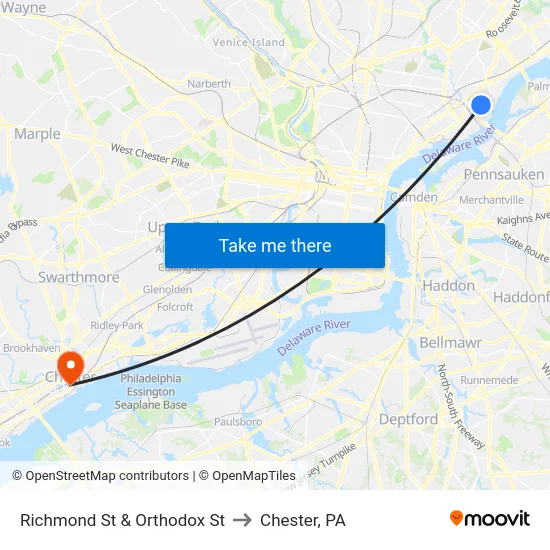 Richmond St & Orthodox St to Chester, PA map