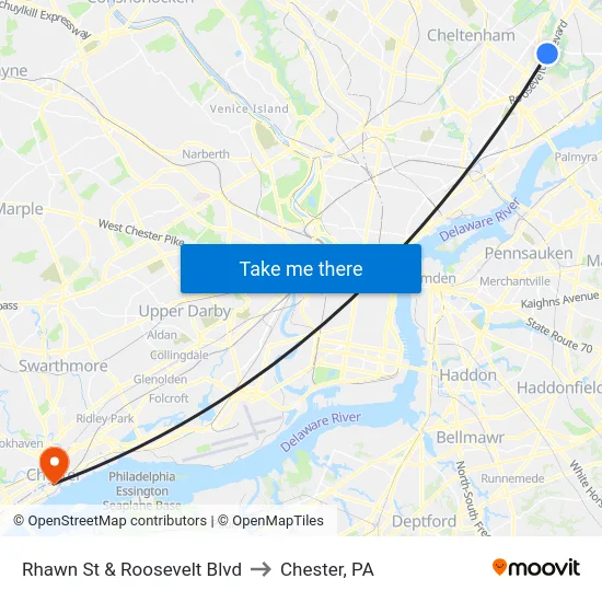 Rhawn St & Roosevelt Blvd to Chester, PA map