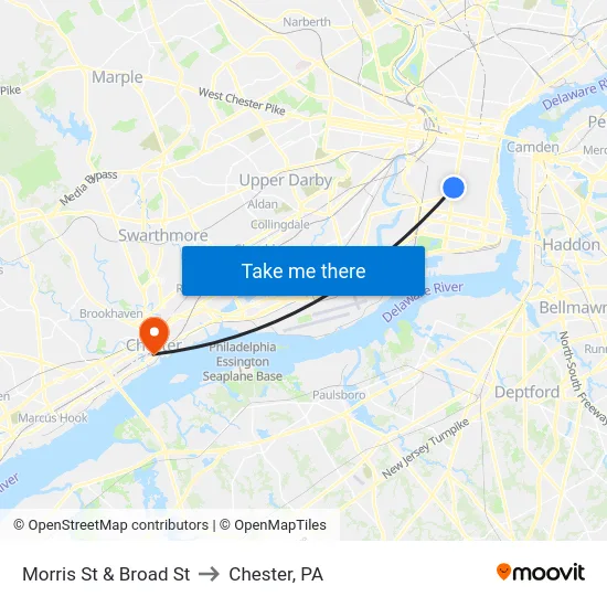 Morris St & Broad St to Chester, PA map