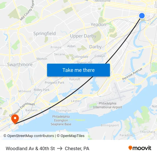 Woodland Av & 40th St to Chester, PA map