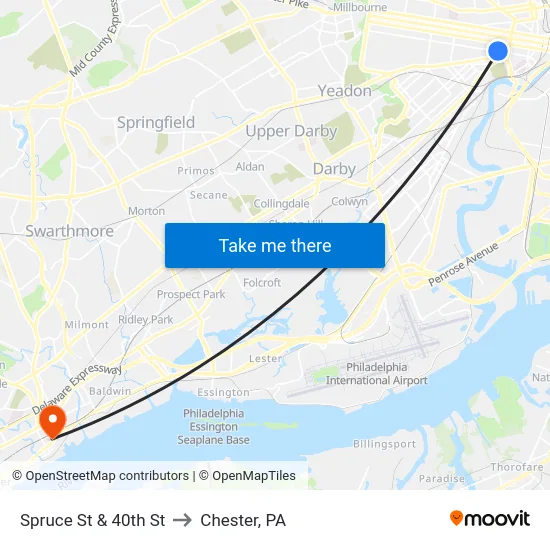 Spruce St & 40th St to Chester, PA map