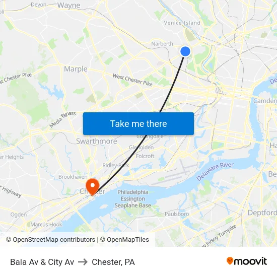 Bala Av & City Av to Chester, PA map