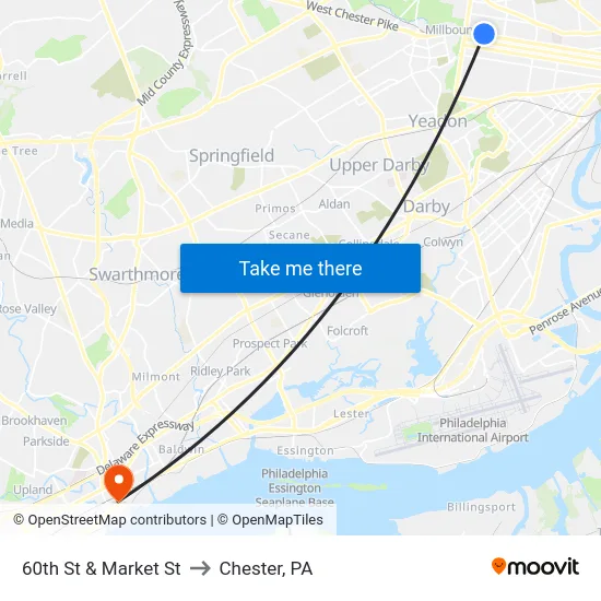 60th St & Market St to Chester, PA map