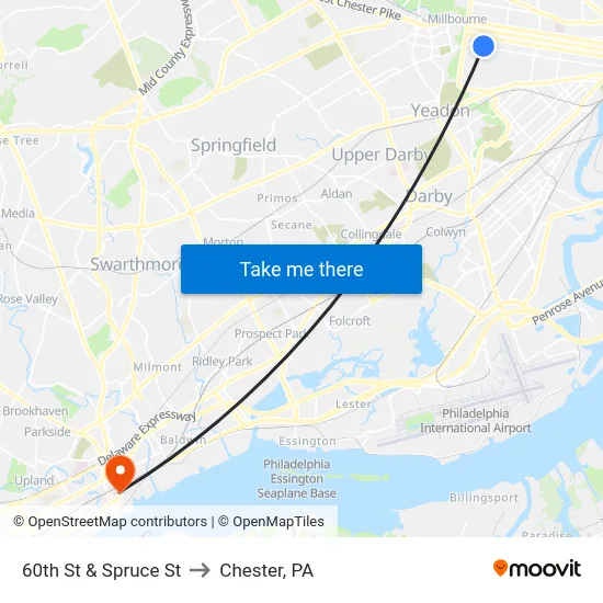 60th St & Spruce St to Chester, PA map