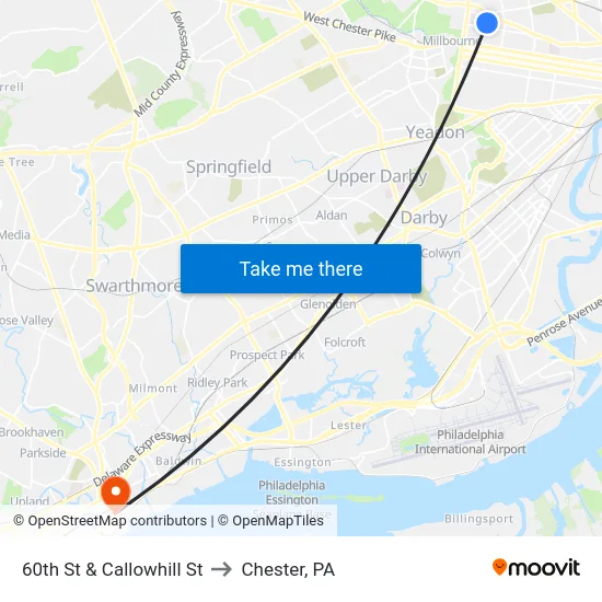 60th St & Callowhill St to Chester, PA map