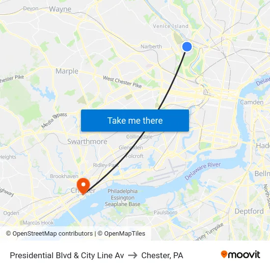 Presidential Blvd & City Line Av to Chester, PA map