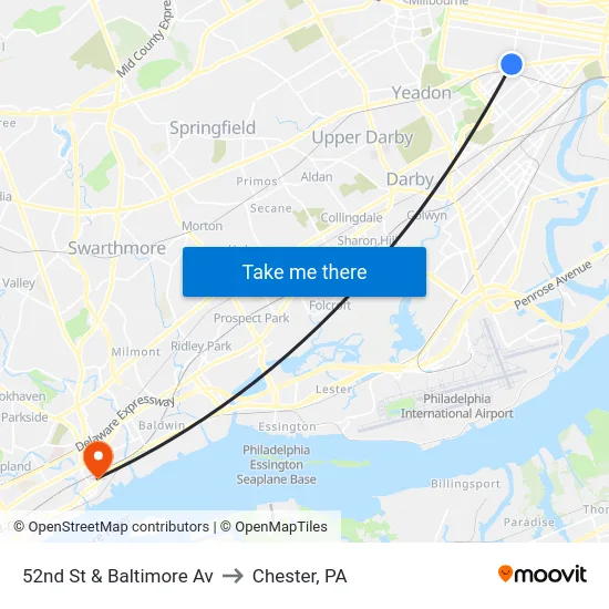 52nd St & Baltimore Av to Chester, PA map