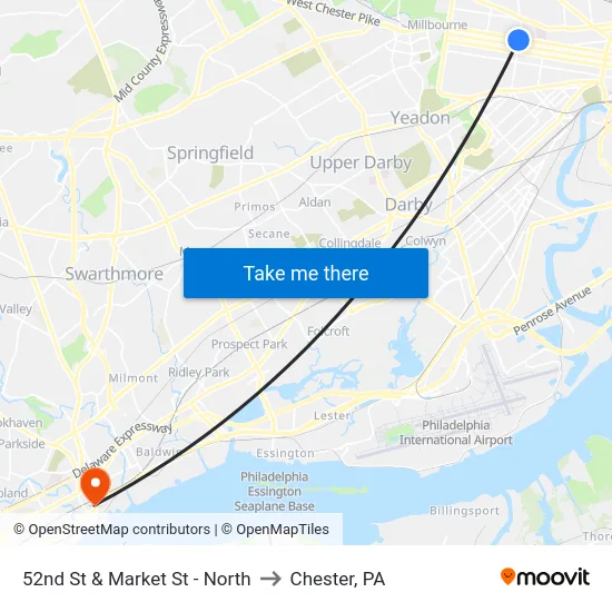 52nd St & Market St - North to Chester, PA map