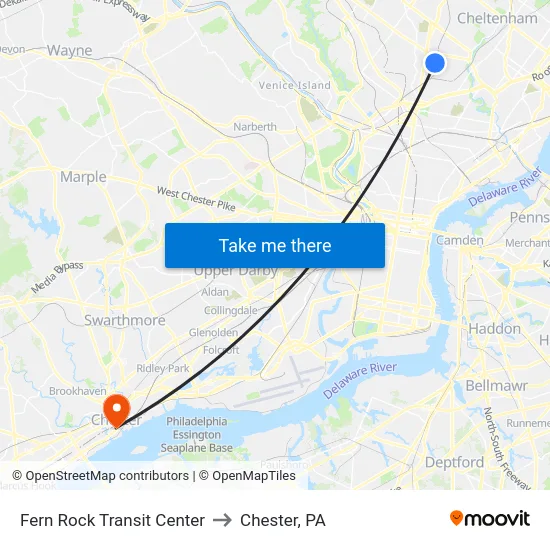 Fern Rock Transit Center to Chester, PA map