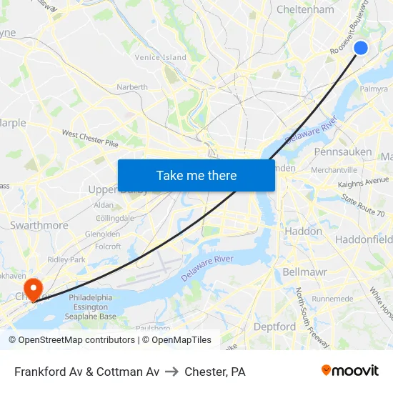 Frankford Av & Cottman Av to Chester, PA map