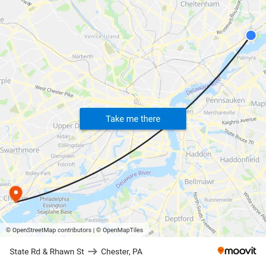 State Rd & Rhawn St to Chester, PA map