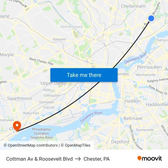 Cottman Av & Roosevelt Blvd to Chester, PA map