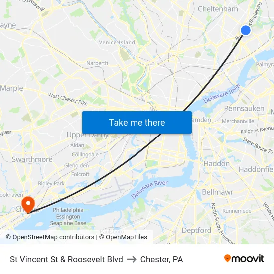 St Vincent St & Roosevelt Blvd to Chester, PA map