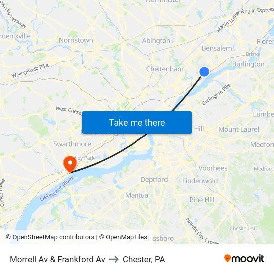 Morrell Av & Frankford Av to Chester, PA map