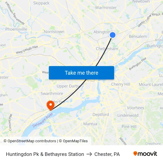Huntingdon Pk & Bethayres Station to Chester, PA map