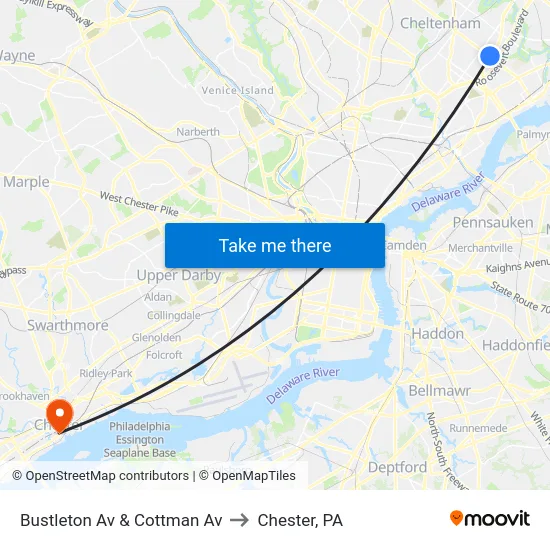 Bustleton Av & Cottman Av to Chester, PA map